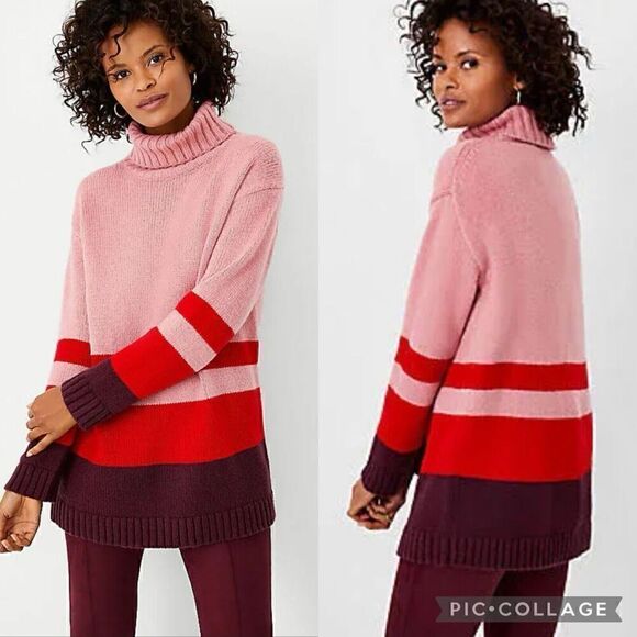 Ann Taylor Colorblock Turtleneck Tunic Sweater Women’s Size XS Pink Sea Shell - Picture 1 of 8